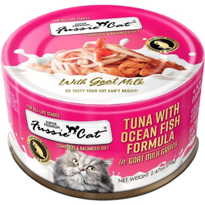 Fussie Cat Tuna with Ocean Fish in Goat Milk Gravy Shredded Canned Cat Food 2.47 oz