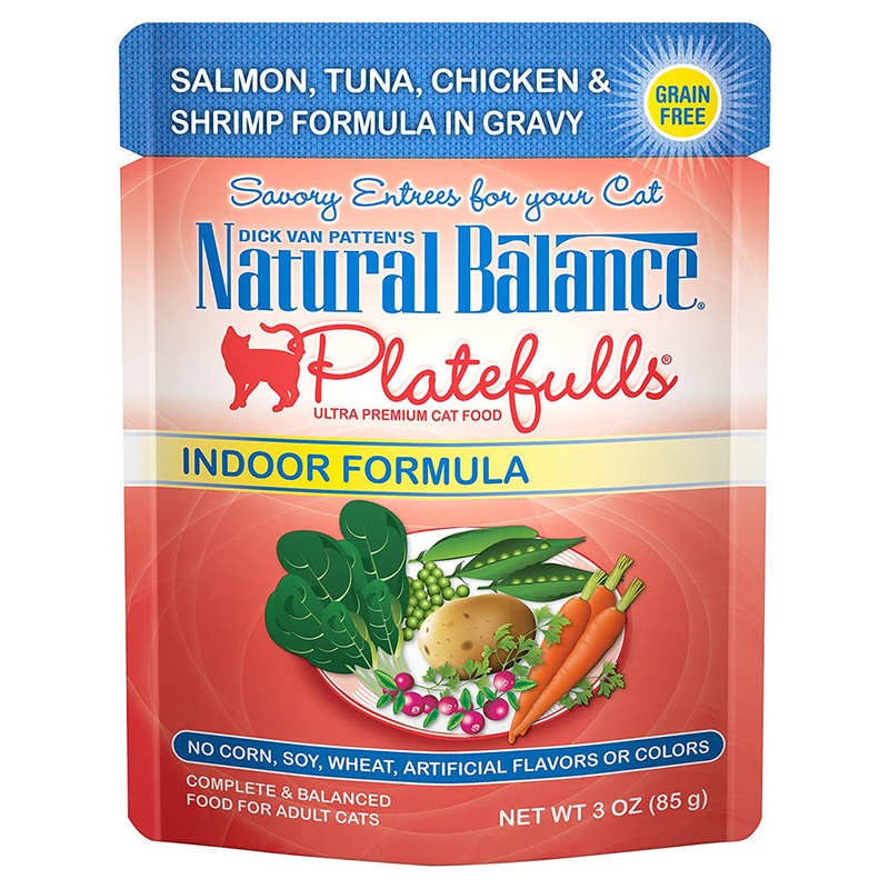 Natural Balance Platefulls Indoor Wet Cat Food – Salmon, Tuna, Chicken & Shrimp in Gravy – 3oz Pouch
