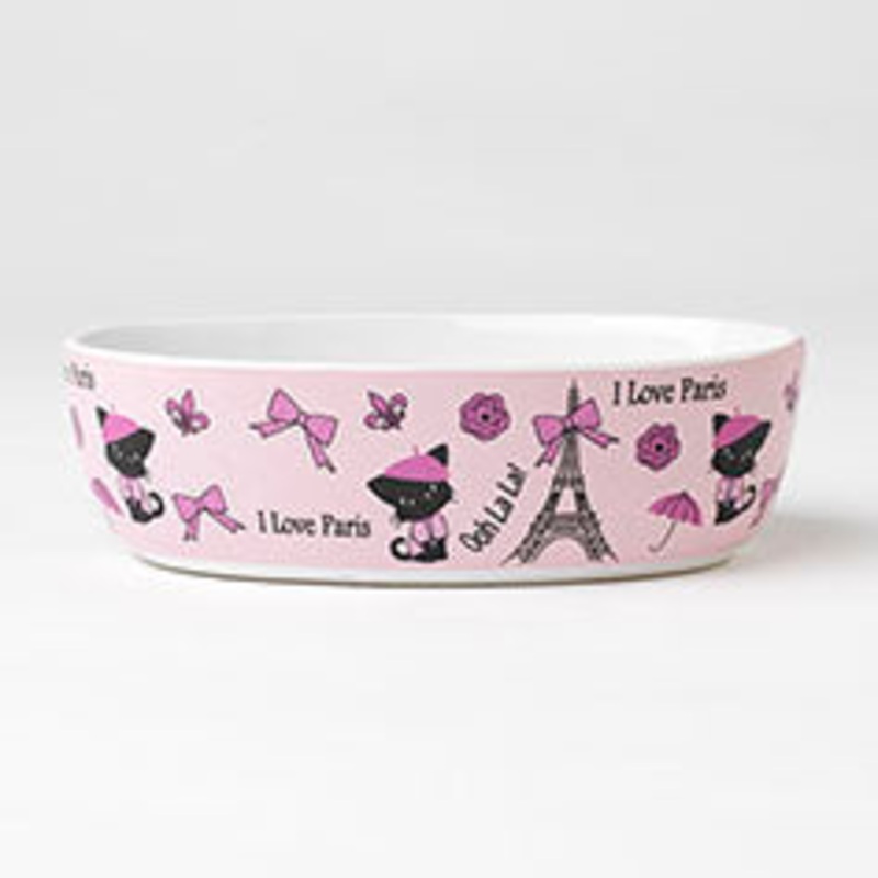 Petrageous I Love Paris Oval Cat Dish pink