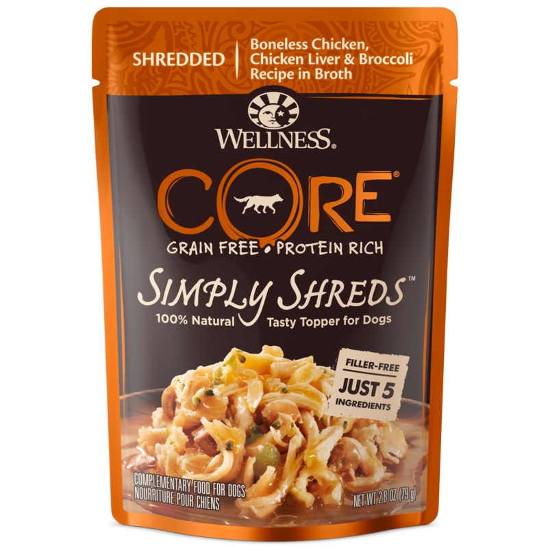 Wellness CORE Simply Shreds for Dogs Shredded Boneless Chicken, Chicken Liver & Broccoli Recipe in Broth 2.8 Oz