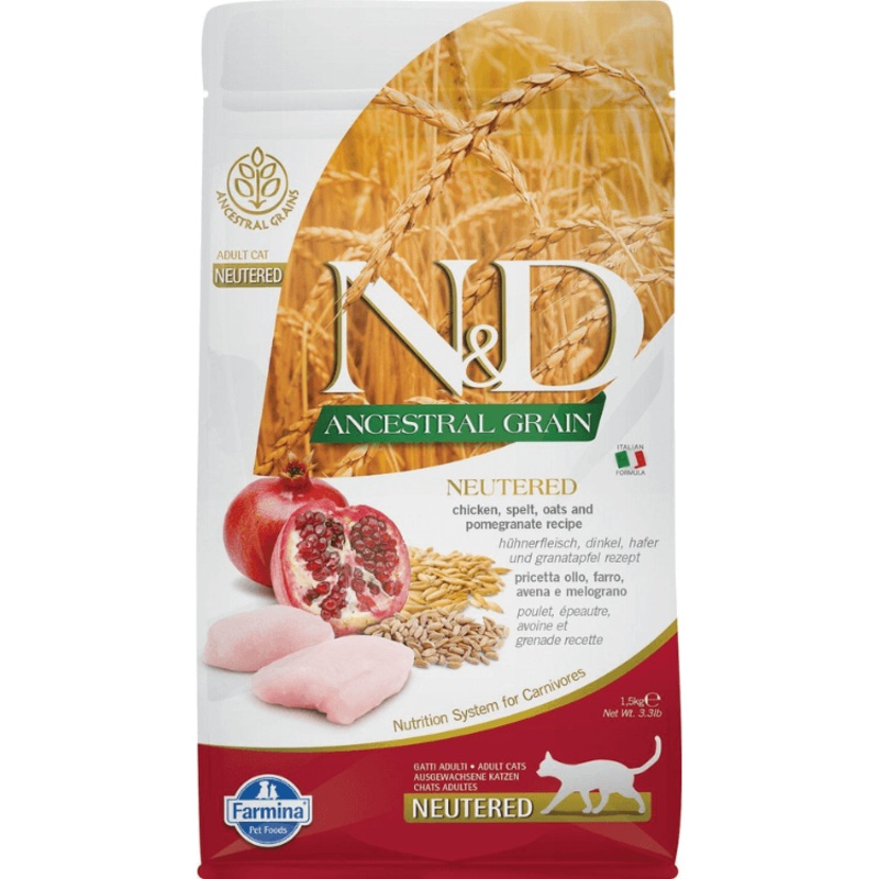 Farmina – N&D Ancestral Grain, Chicken and Pomegranate Adult Dry Cat Food for Sterilised Cats 1.5kg