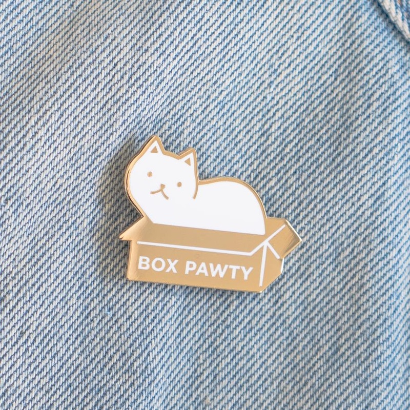 Box Pawty Cat in Box Hard Enamel Pin White