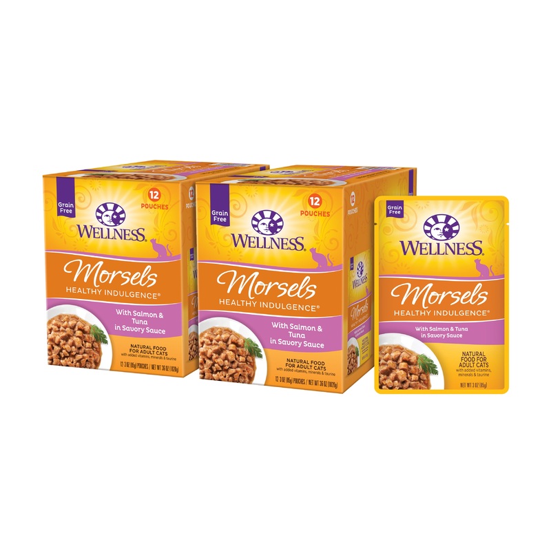 Wellness Healthy Indulgence Natural Grain Free Wet Cat Food Morsels Salmon & Tuna 3oz Pouch