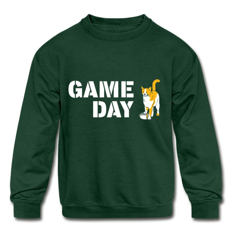 Game Day Cat Kids’ Crewneck Sweatshirt forest green S