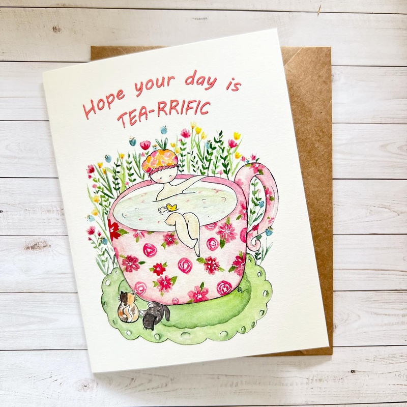 Tea-rrific Watercolour Cat Greeting Card