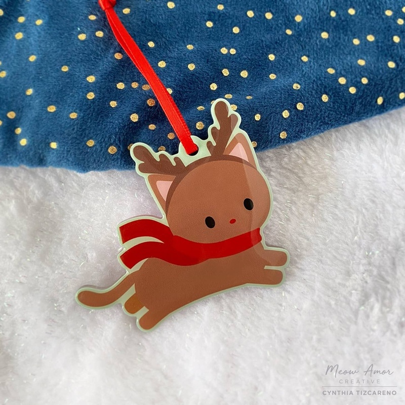 Reindeer Cat Acrylic Holiday Ornament Brown