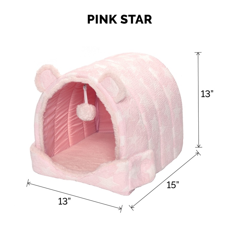 Fur Haven Fleece Snuggle Hideout Pet Bed – Fleece & Faux Fur 13x13in Pink Stars