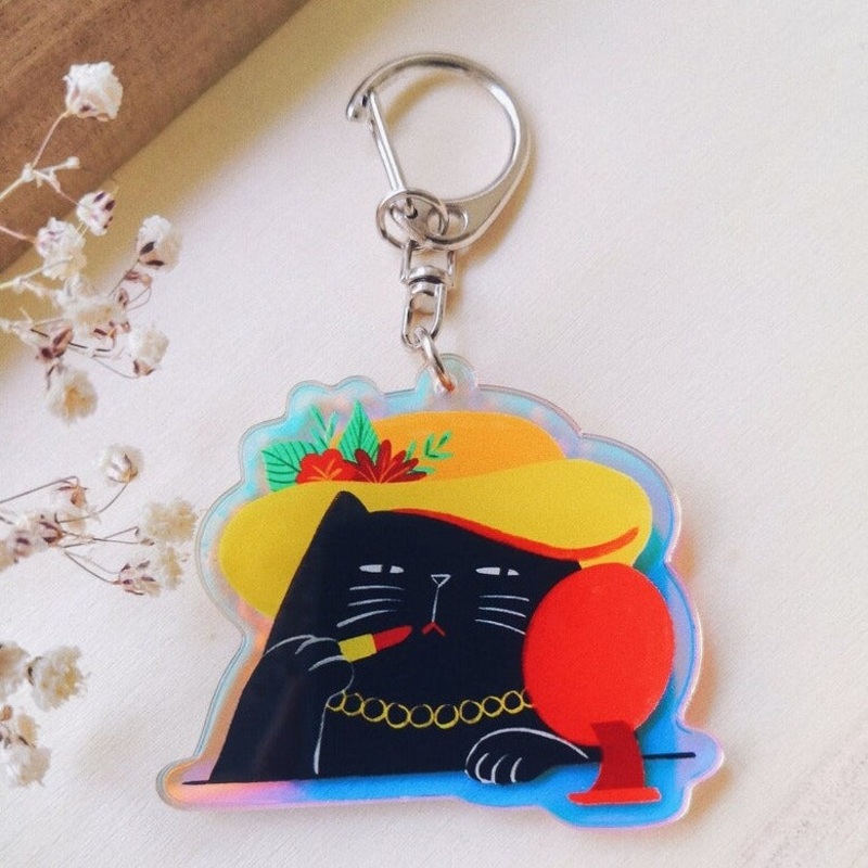 Getting Ready Red Lipstick Black Cat Holographic Acrylic Keychain Charm