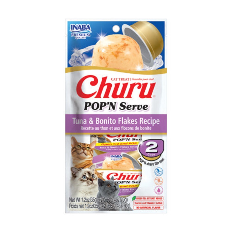 INABA Churu Pop’N Serve Jelly Cat Treat with Vitamin E & Taurine, 1.2 Ounce Cup, 2 Cups, Tuna & Bonito Flakes Recipe