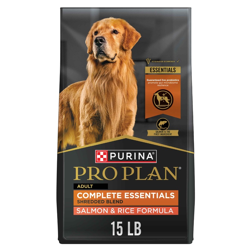 Purina Pro Plan Complete Essentials Shredded Blend Salmon and Rice Dog Food Dry Formula with Probiotics for Dogs 15 lb.