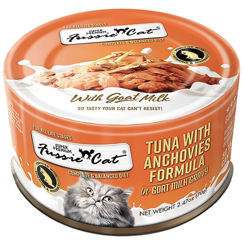 Super Premium Tuna with Anchovies Formula in Goat Milk Gravy Wet Canned Grain-Free Cat Food 2.47 oz cans, case of 24