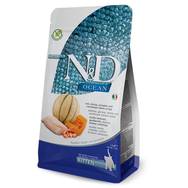 Farmina N&D Ocean Cod, Shrimp, Pumpkin And Cantaloupe Melon Kitten Dry Cat Food 3.3 LB