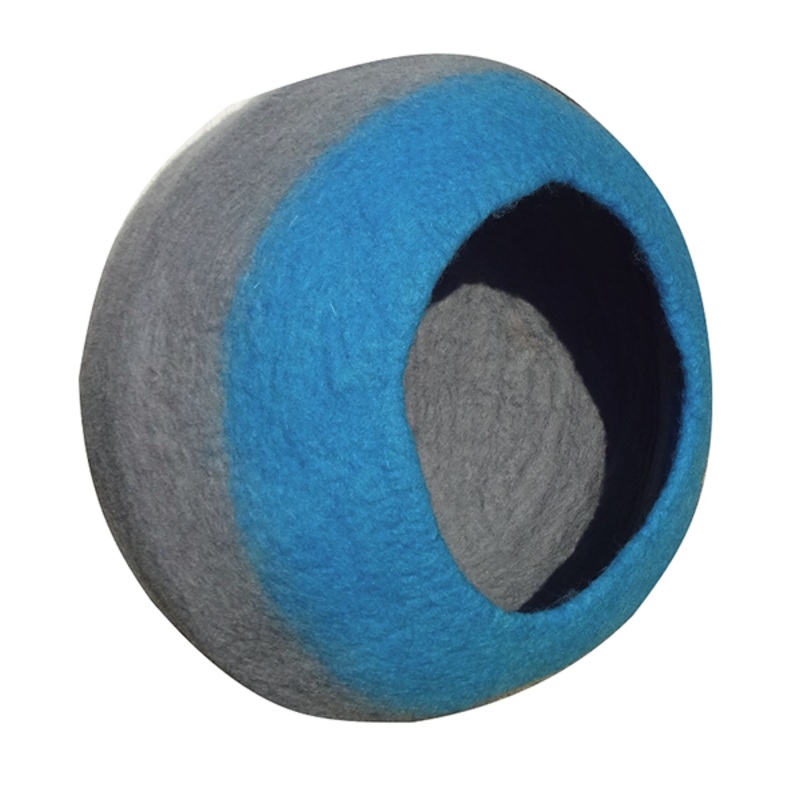 Wool Handmade Round Ombre Cat Cave Bed Gray & Blue Large