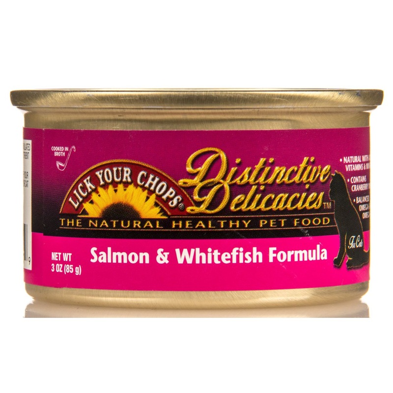 Lick Your Chops Distinctive Delicacies Canned Salmon & Whitefish Cat Food 3oz Cans, Case of 24