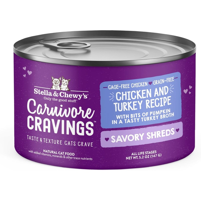 Stella & Chewy’s Carnivore Cravings Savory Shreds Chicken & Turkey Dinner in Broth Wet Cat Food 5.2 oz