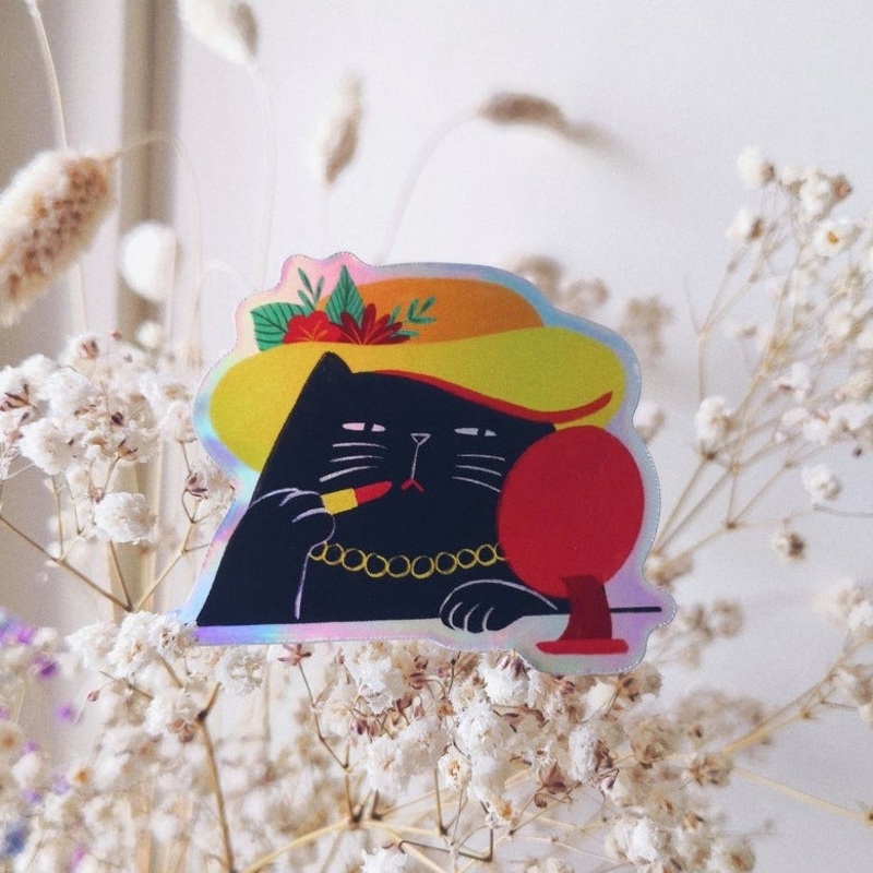 Getting Ready Red Lipstick Black Cat Holographic Vinyl Sticker