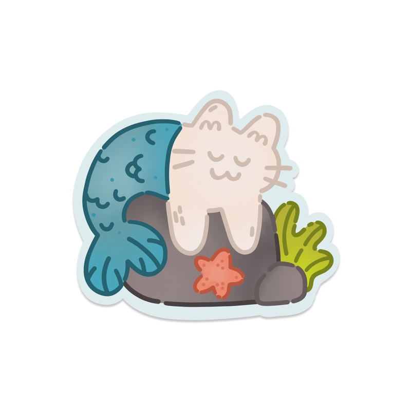 Sleepy Mermaid Purrmaid White Cat Vinyl Sticker