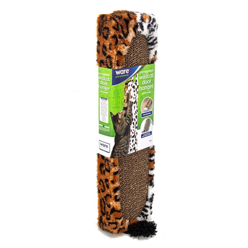 WildCat Corrugated Cardboard Fuzzy Door Hanging Scratcher Leopard Print 28 in x 4.75 in x 2 in