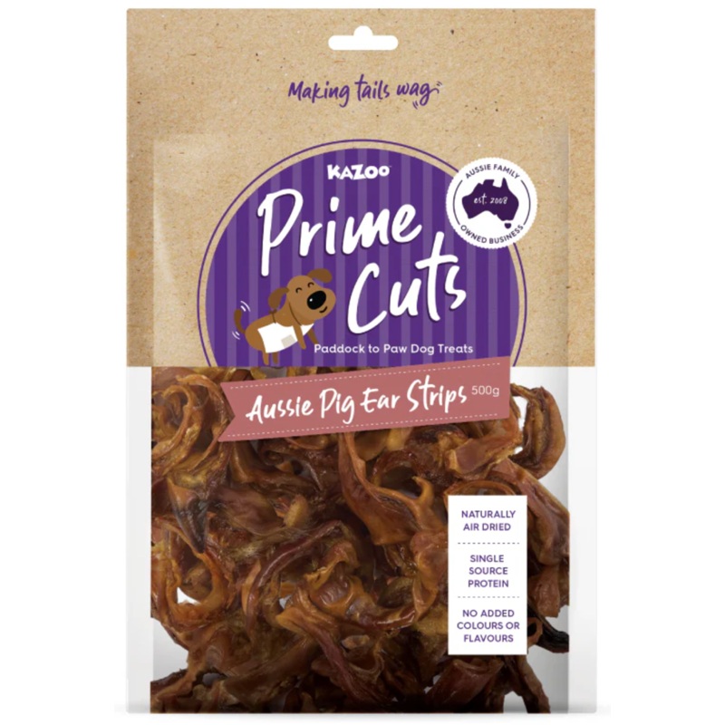 KAZOO PRIME CUTS AUSSIE PIG EAR STRIPS 500G