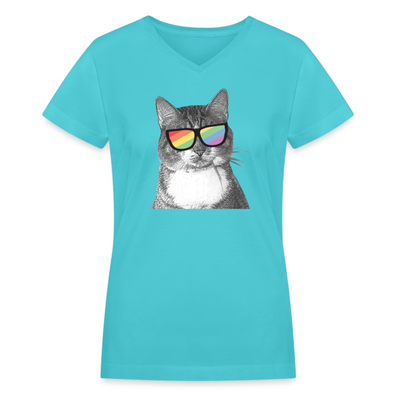 Pride Cat Contoured V-Neck T-Shirt aqua S