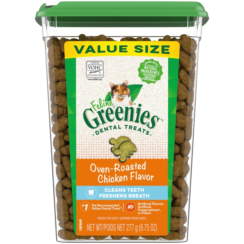 FELINE GREENIES Adult Natural Dental Care Cat Treats  Oven Roasted Chicken Flavor  9.75 oz. Tub