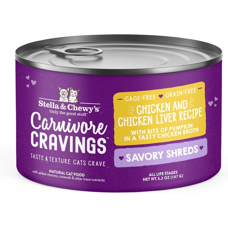 Stella & Chewy’s Carnivore Cravings Savory Shreds Chicken & Chicken Liver Dinner in Broth Wet Cat Food 5.2 oz