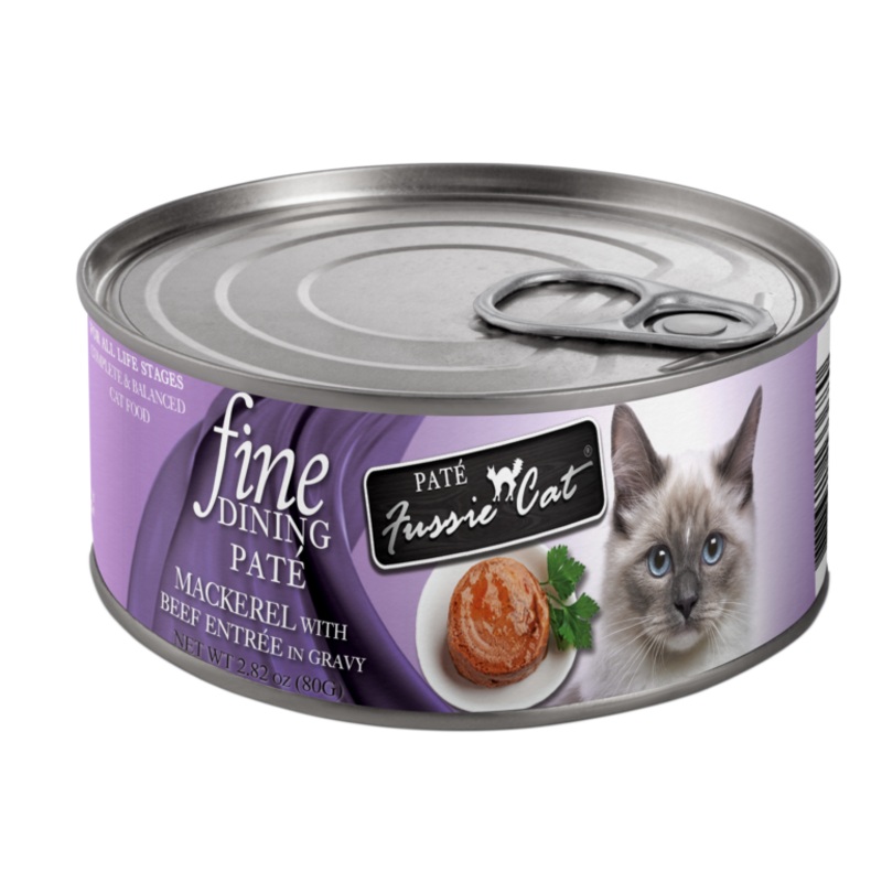 Fussie Cat Fine Dining – Pate – Mackerel with Beef Entree in Gravy Canned Cat Food 2.82 oz (80g) Can