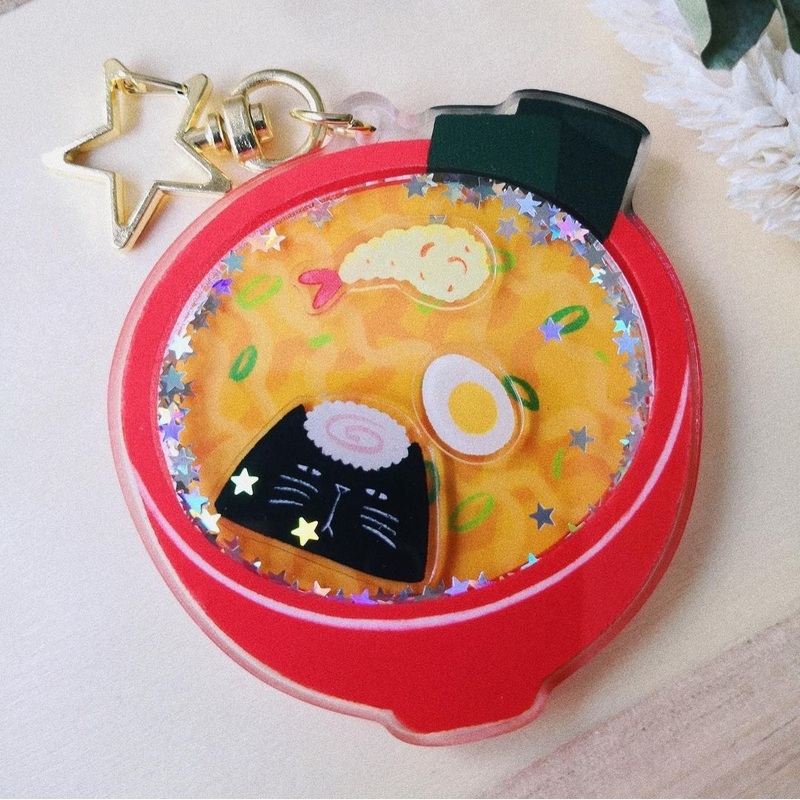 Ramen Soup Noodles Black Cat Shaker Acrylic Keychain Charm