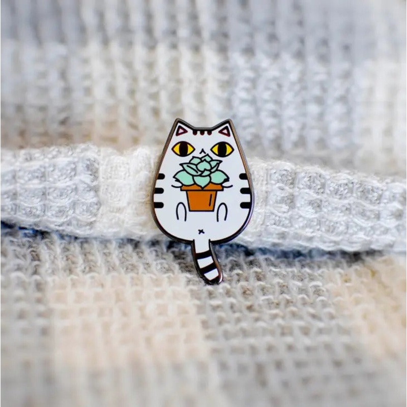 Succulent Grey Tabby Cat Hard Enamel Pin