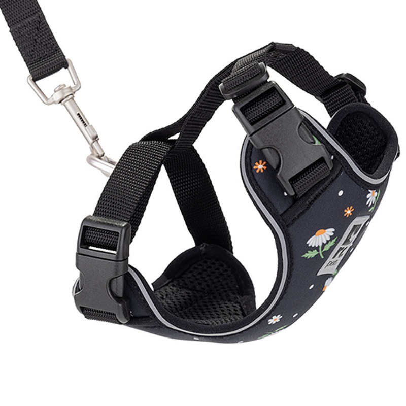 Adventure Kitty Harness & Leash Combo for Cats Black Daisies Small ( Chest Girth 11-in – 15-in , Neck Girth 8-in – 11-in )