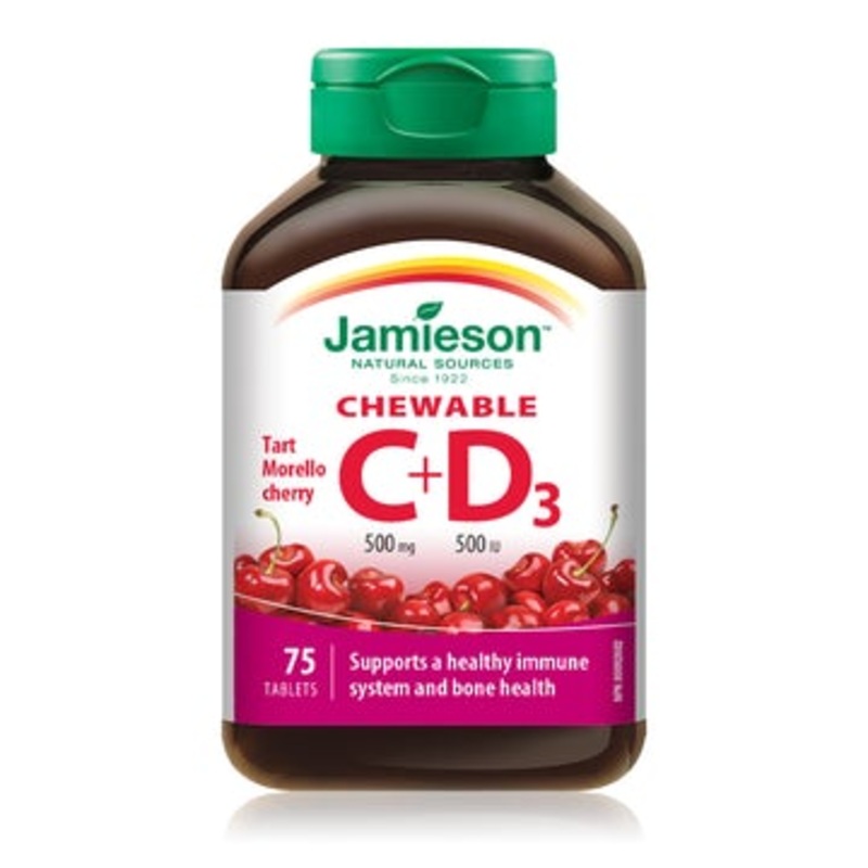Jamieson Chewable C 500 mg + D3 500 IU (Tart Morello Cherry flavor) 75 tablets
