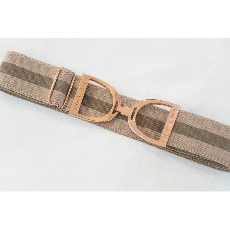 Ellany Taupe Stripes – 1.5″ Rose Gold Stirrup Elastic Belt