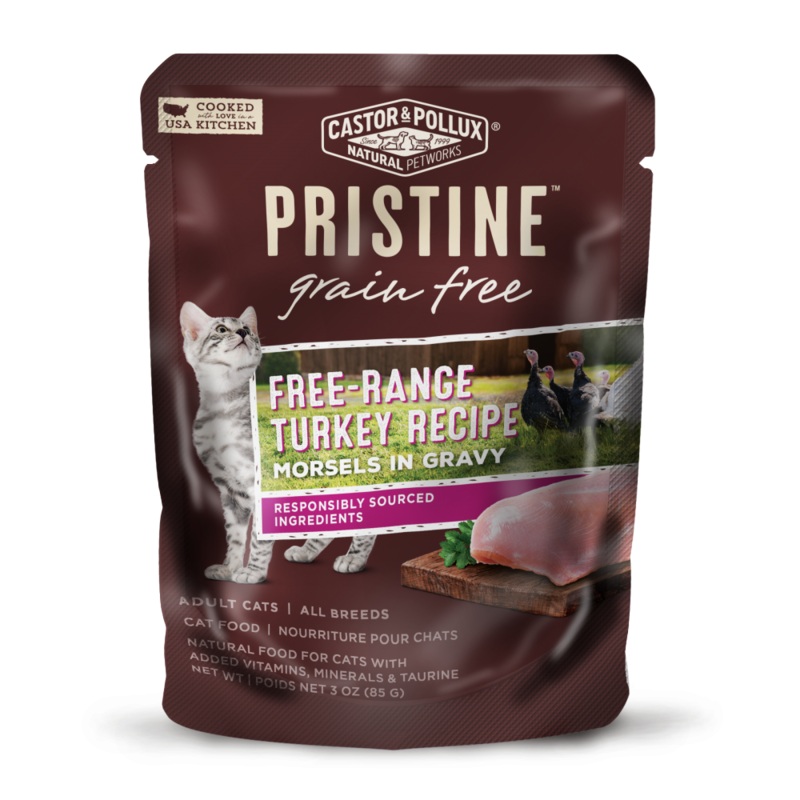 Castor and Pollux Pristine Grain-Free Free-Range Turkey Morsels in Gravy Wet Cat Food Pouches
