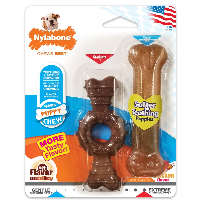 Nylabone Just for Puppies Teething Chew Ring Bone & Toy Ring Bone Twin Pack Flavor Medley & Chicken Flavor X-Small up to 15 lbs. X-Small up to 15 lbs.