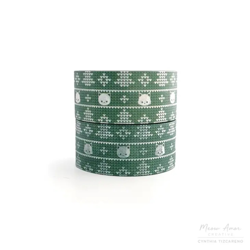 Green Knitted Pattern Cat Washi Tape 20mm x 10m