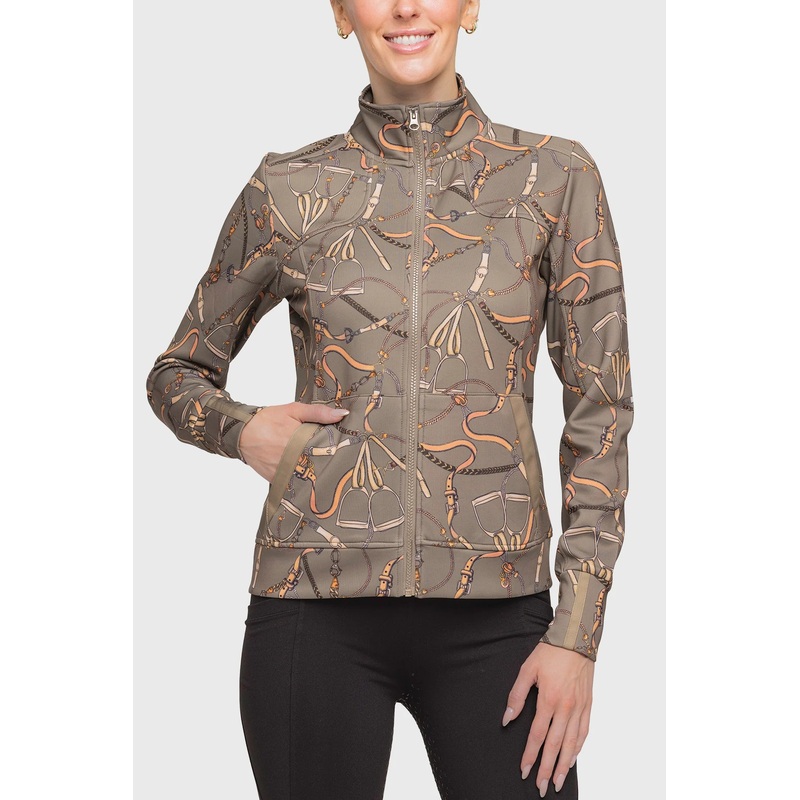 Kastel Long Sleeve Full Zip Taupe Belt Print Scuba Jacket XSMALL