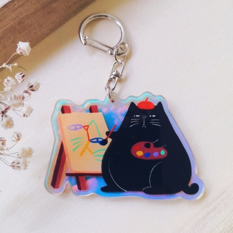 Art Painter Black Cat Holographic Acrylic Keychain Charm
