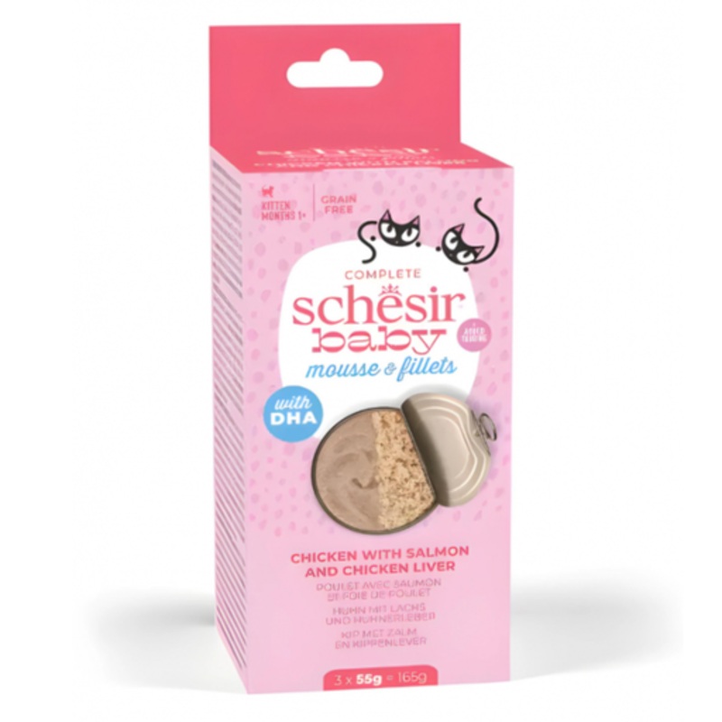 Schesir Baby Cat Can Multipack Mousse & Fillets – Chicken With Salmon & Chicken Liver 165g (3 Cans x55g)